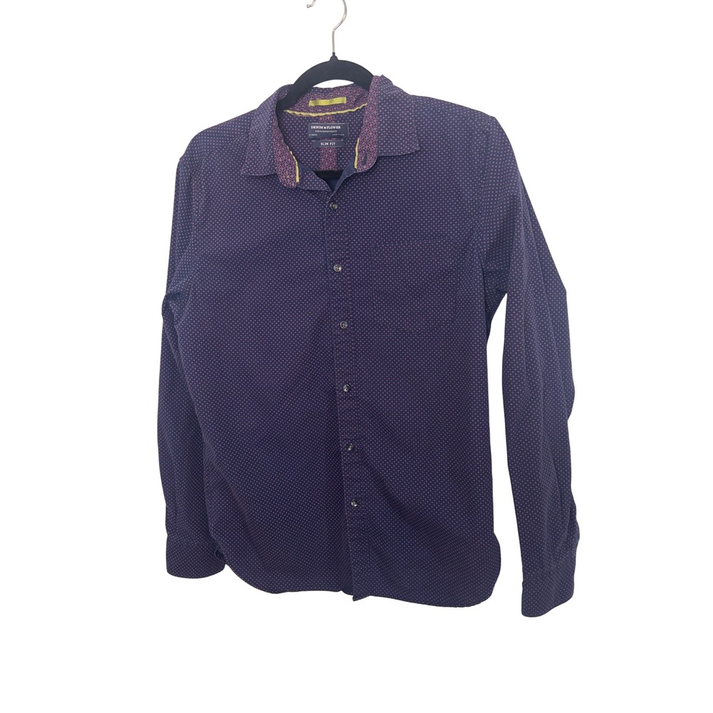 Denim & Flower Mens Slim Fit Navy Blue Pink Micro Dot Cotton Button Up Shirt M